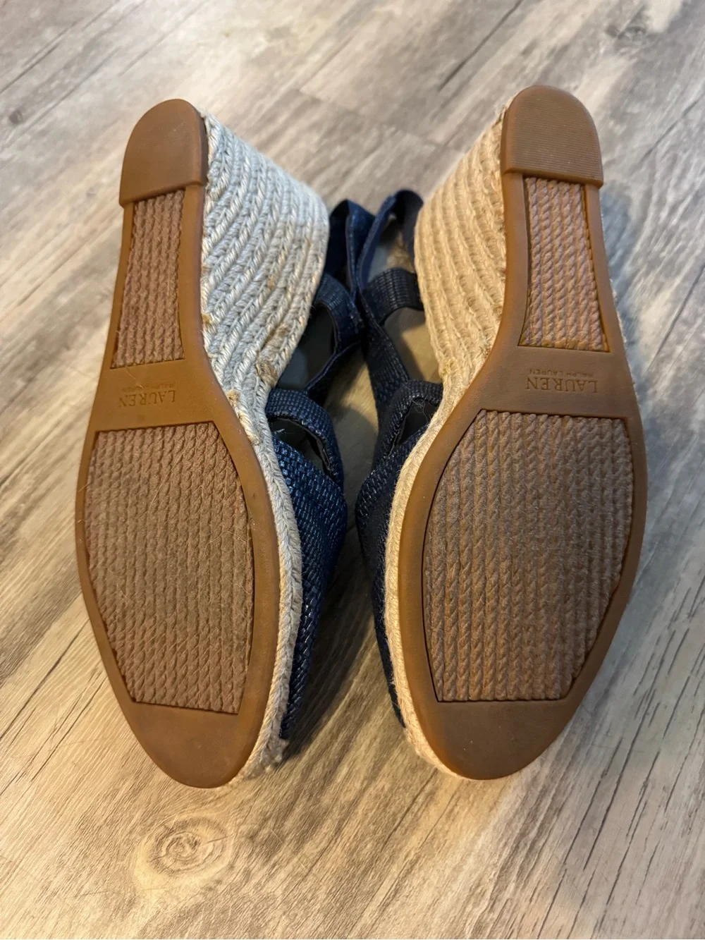 Ralph Lauren Penelope Navy Woven Slingback Espadrille Wedge Sandals Jute Toe 10